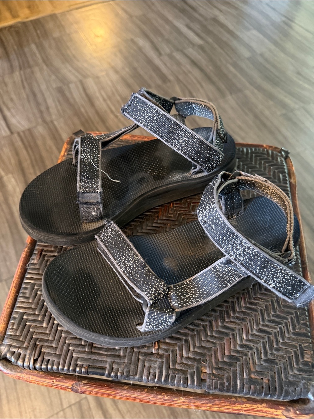 Women’s Black Sparkle Velcro Strap Sandals tevas